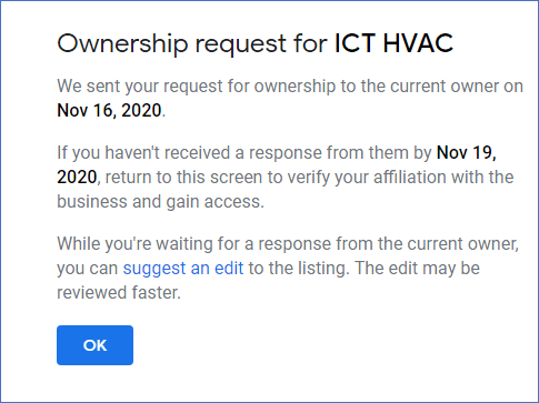 Google ownership request account message
