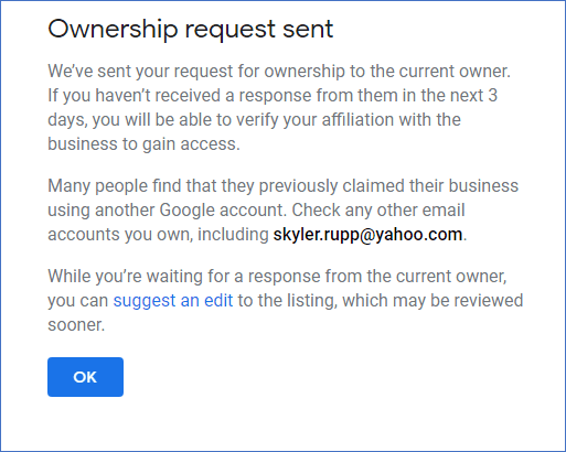 google account ownership request sent